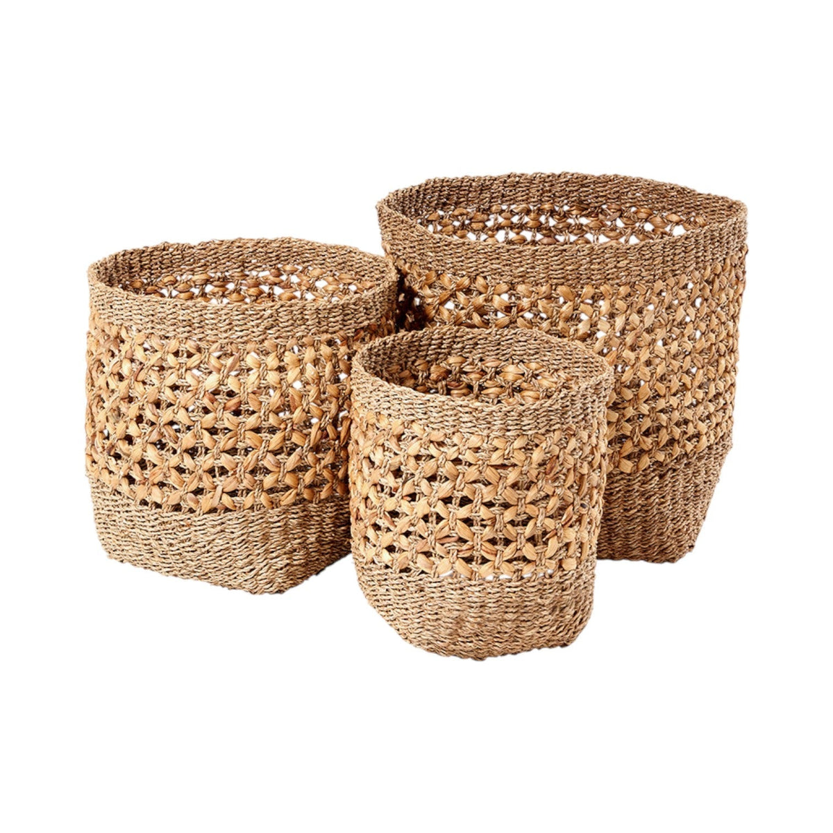 Set of 3 Seagrass and Water Hyacinth Natural Tall Round Baskets