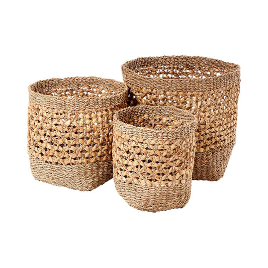 Set of 3 Seagrass and Water Hyacinth Natural Tall Round Baskets