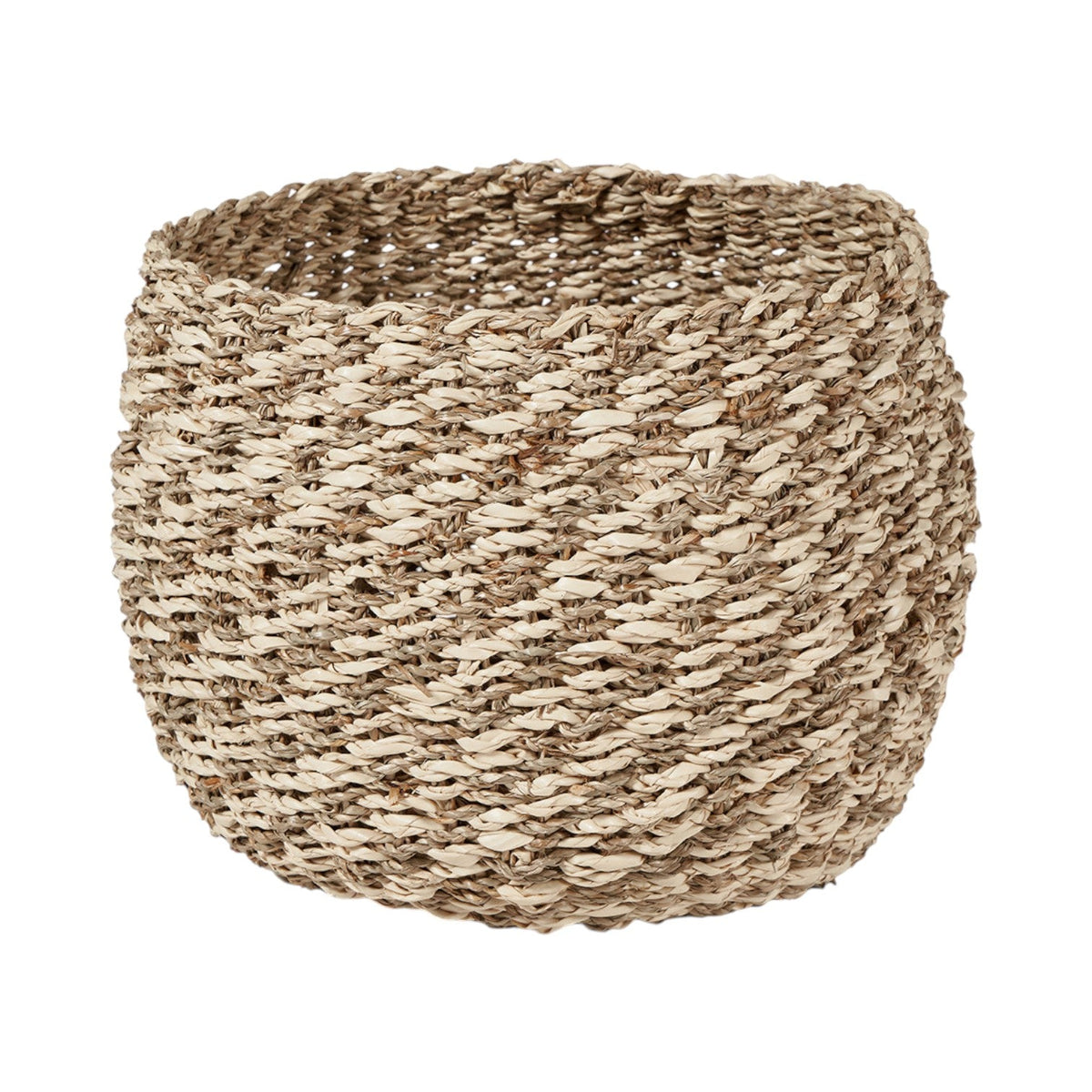 Set of 3 Seagrass and Palm Leaf Two Tone Natural Plaited Round Baskets