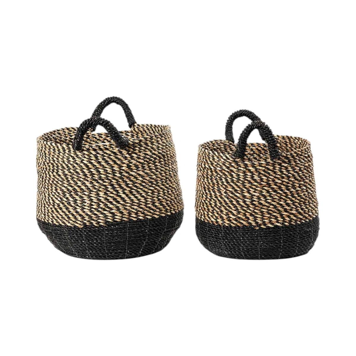 Set of 2 Seagrass Natural and Black Round Handled Baskets