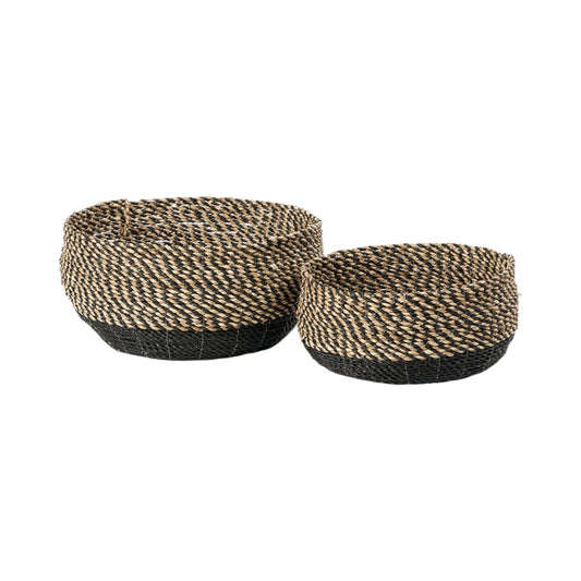 Set of 2 Seagrass Natural and Black Round Baskets