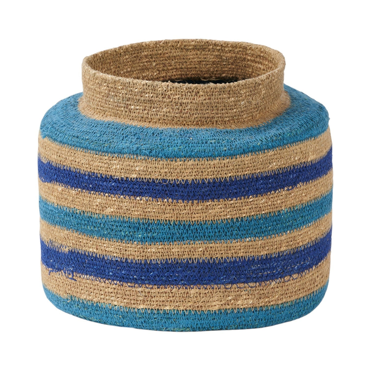 Seagrass Natural, Blue and Turquoise Stripe Round Basket
