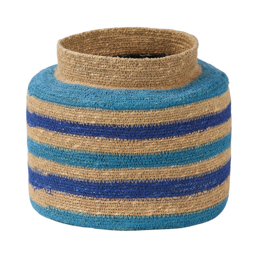 Seagrass Natural, Blue and Turquoise Stripe Round Basket