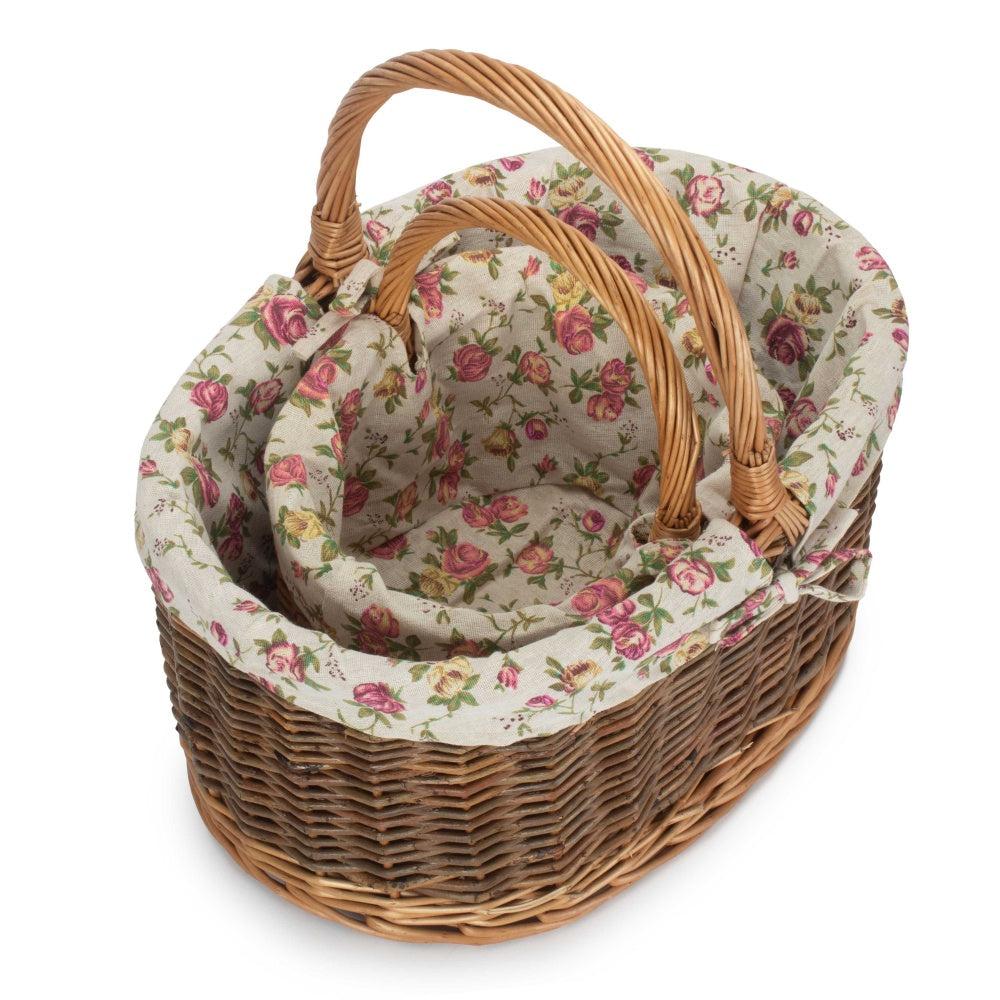 Garden Rose Cotton Lined Country Oval Wicker Shopping Basket
