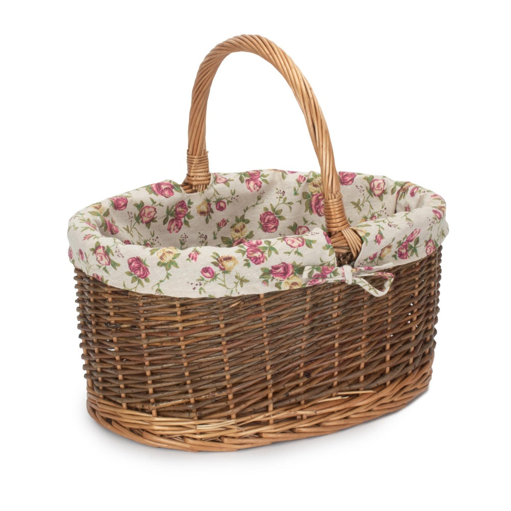 Garden Rose Cotton Lined Country Oval Wicker Shopping Basket