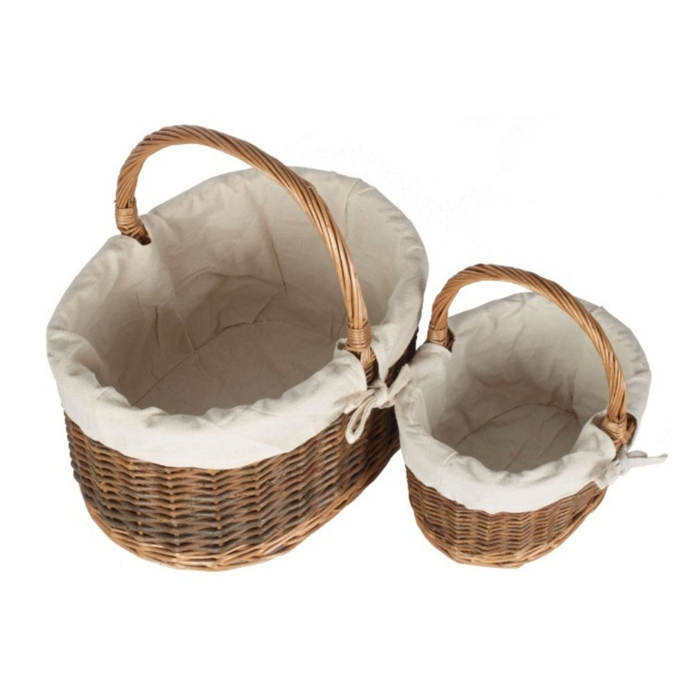 White Cotton Lined Country Oval Wicker Shopping Basket