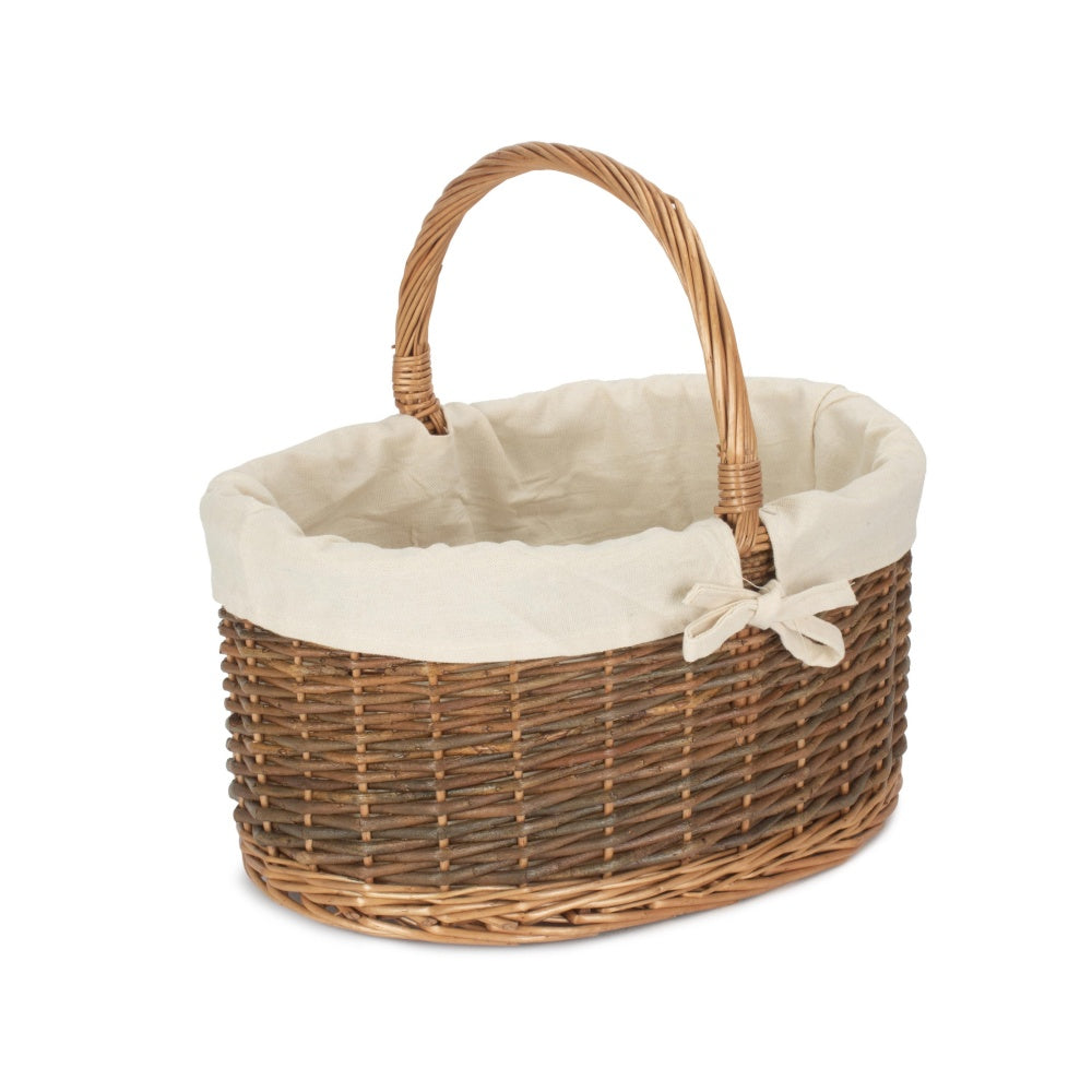 White Cotton Lined Country Oval Wicker Shopping Basket