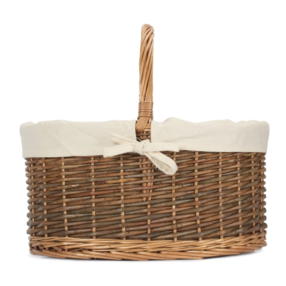 White Cotton Lined Country Oval Wicker Shopping Basket
