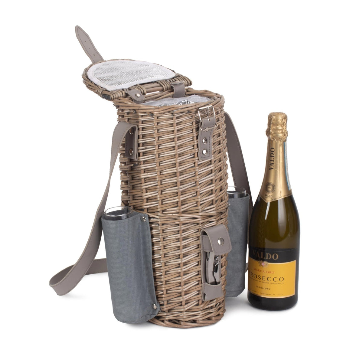 Single Bottle Wicker 2 Champagne Glass Carrier With Shoulder Strap