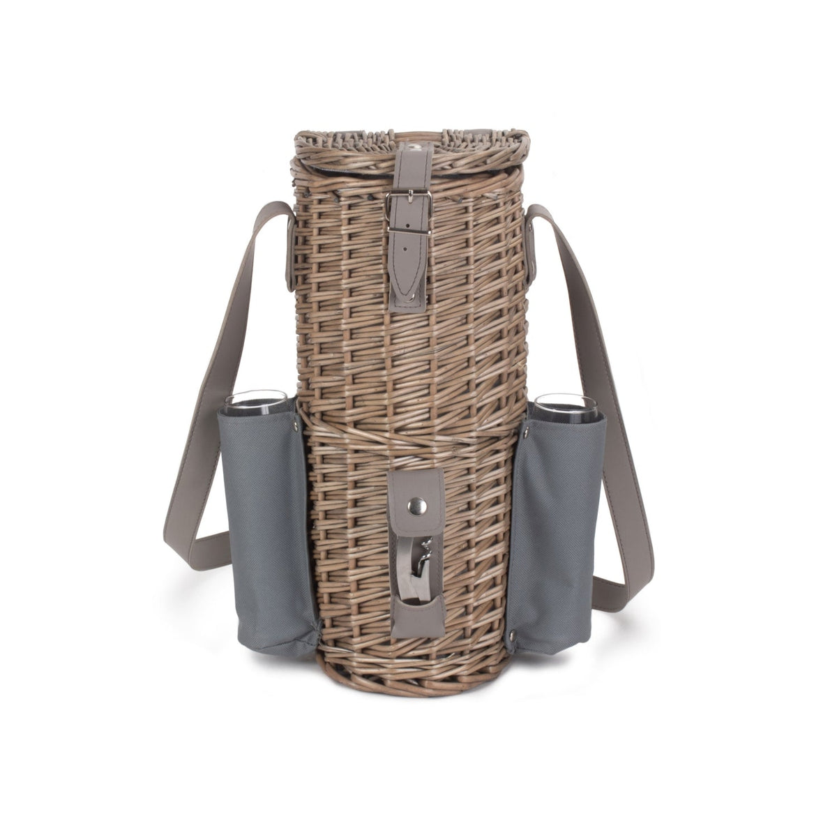 Single Bottle Wicker 2 Champagne Glass Carrier With Shoulder Strap
