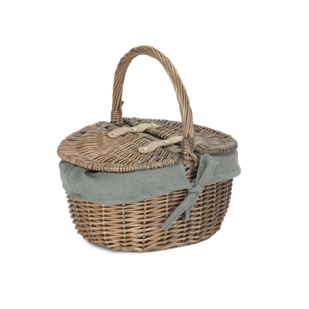 Small Antique Wash Double Lidded Oval Shopping Basket