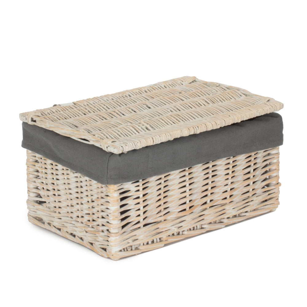 Whitewash Steamed Grey Cotton Lined Wicker Storage Basket