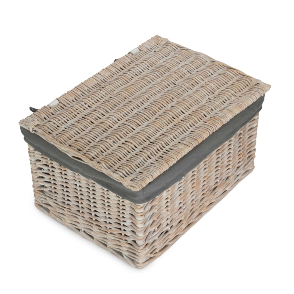 Whitewash Steamed Grey Cotton Lined Wicker Storage Basket