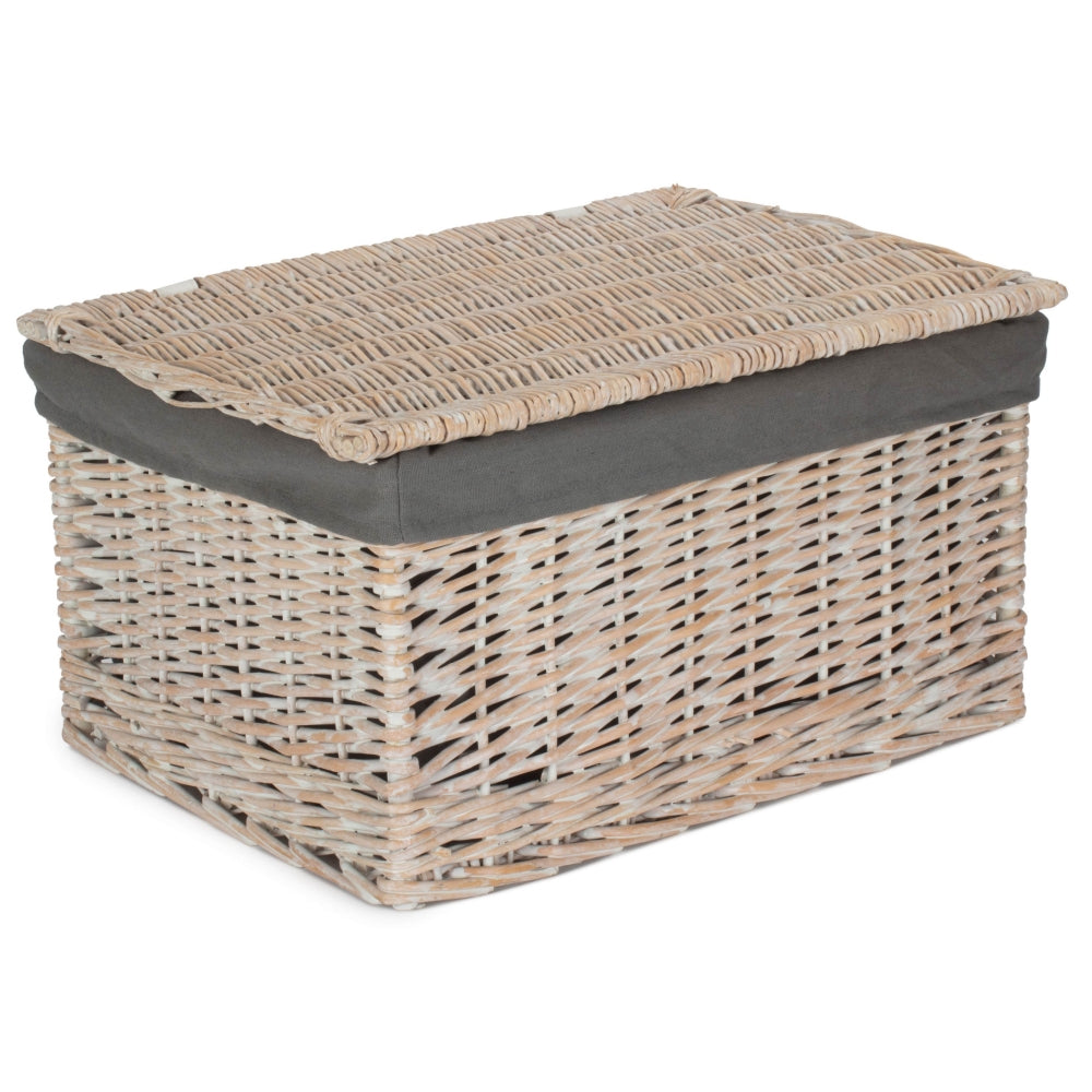 Whitewash Steamed Grey Cotton Lined Wicker Storage Basket