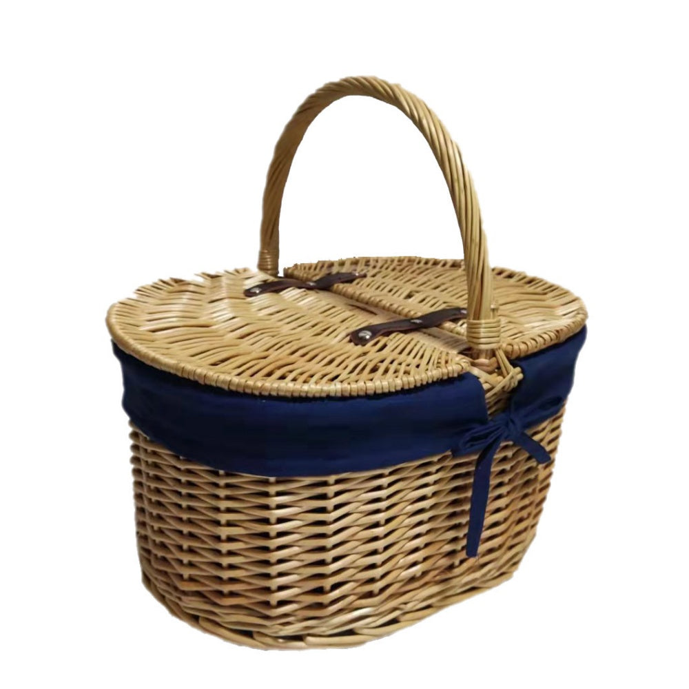 Oval Lidded Picnic Basket With Navy Blue Lining