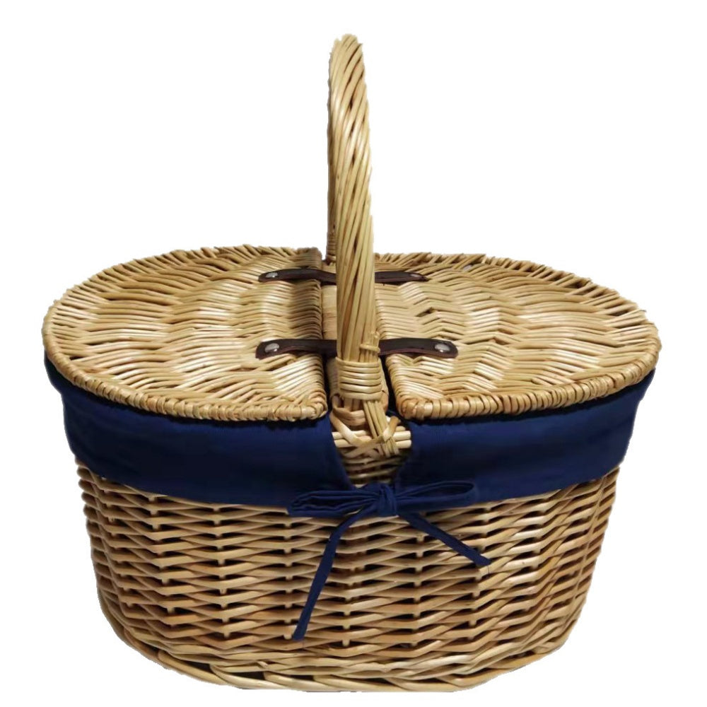 Oval Lidded Picnic Basket With Navy Blue Lining