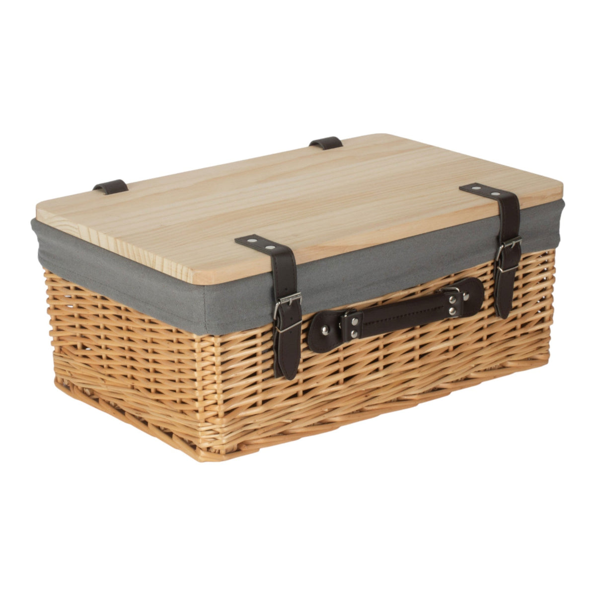 Buff Grey Lined Willow Empty Picnic Basket with Pinewood Lid
