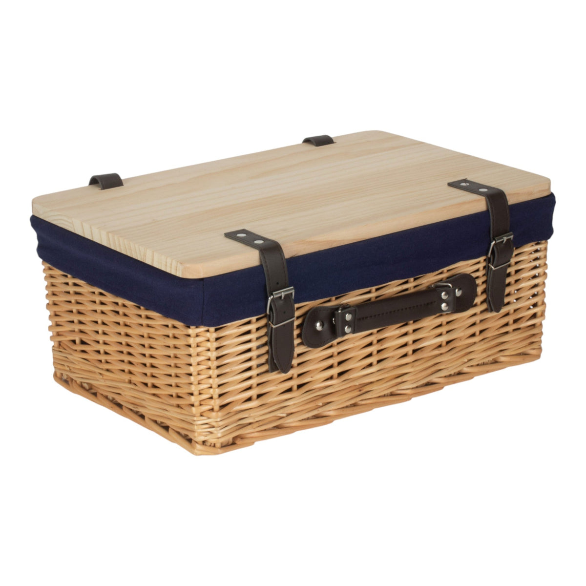 Buff Navy Lined Willow Empty Picnic Basket with Pinewood Lid