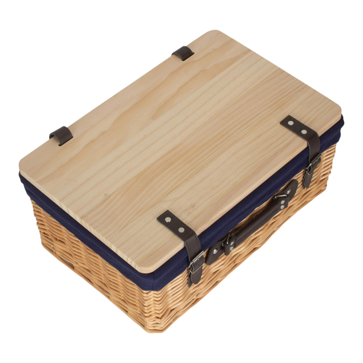 Buff Navy Lined Willow Empty Picnic Basket with Pinewood Lid