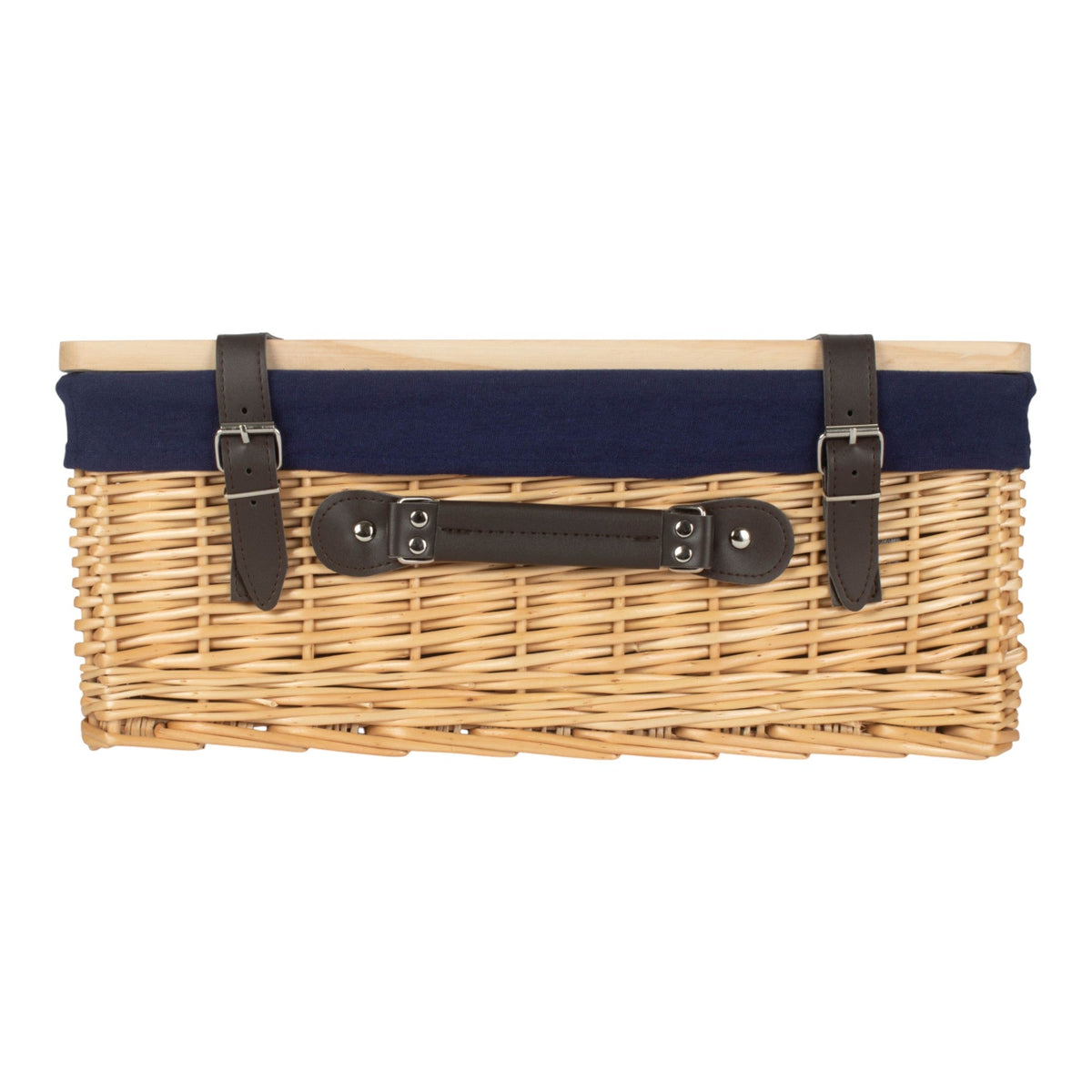 Buff Navy Lined Willow Empty Picnic Basket with Pinewood Lid