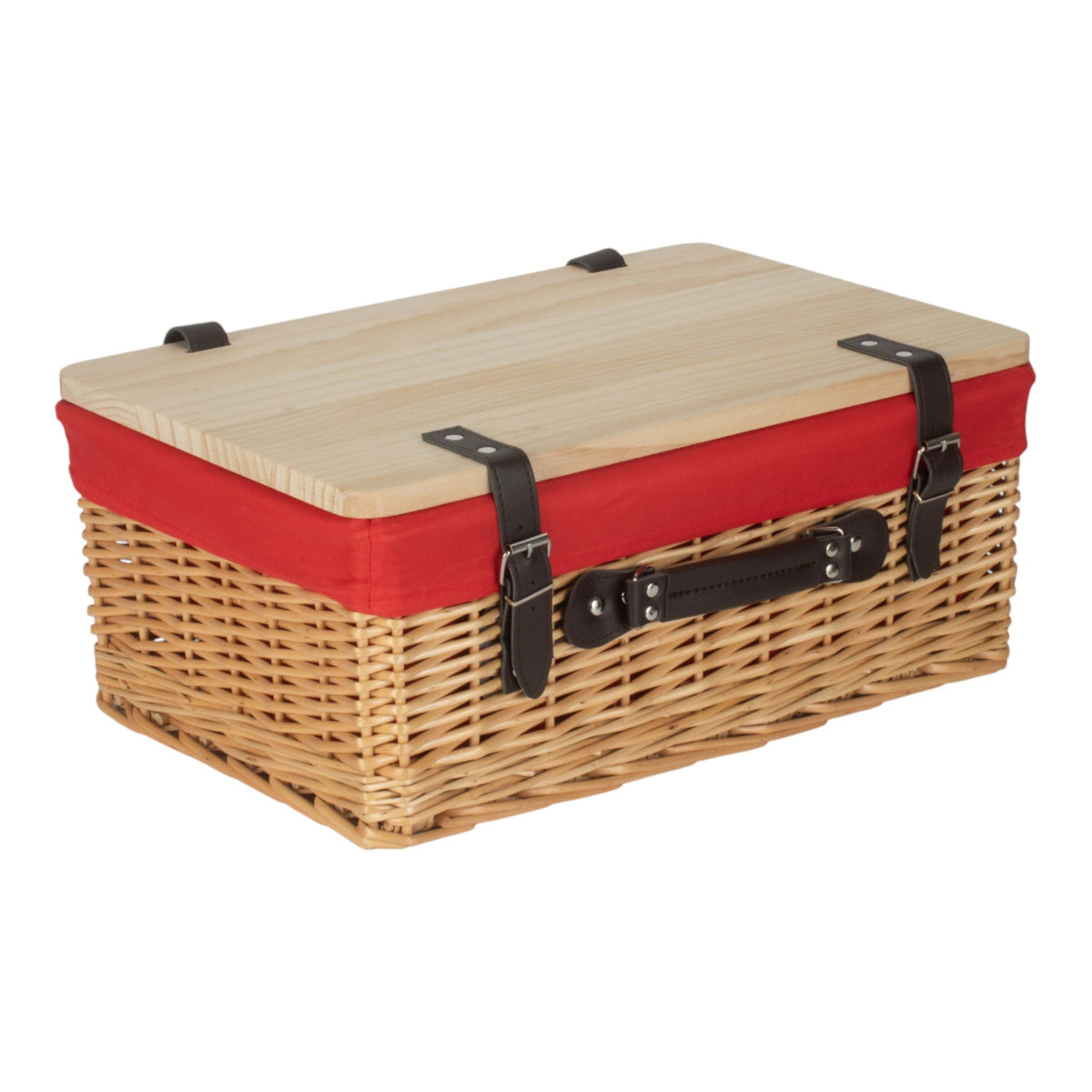 Buff Red Lined Willow Empty Picnic Basket with Pinewood Lid