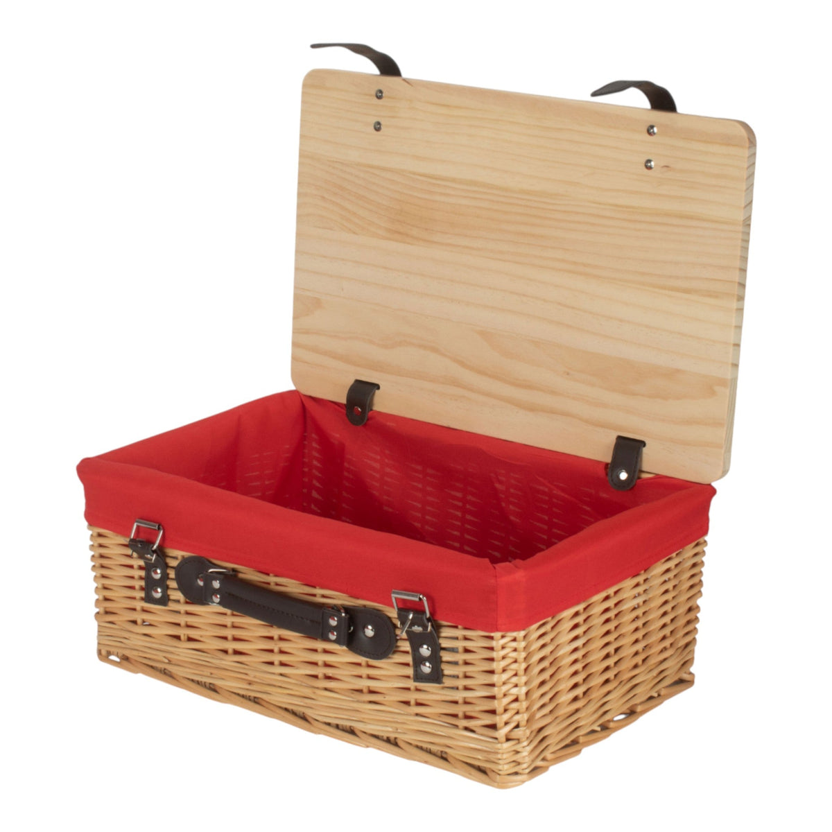 Buff Red Lined Willow Empty Picnic Basket with Pinewood Lid