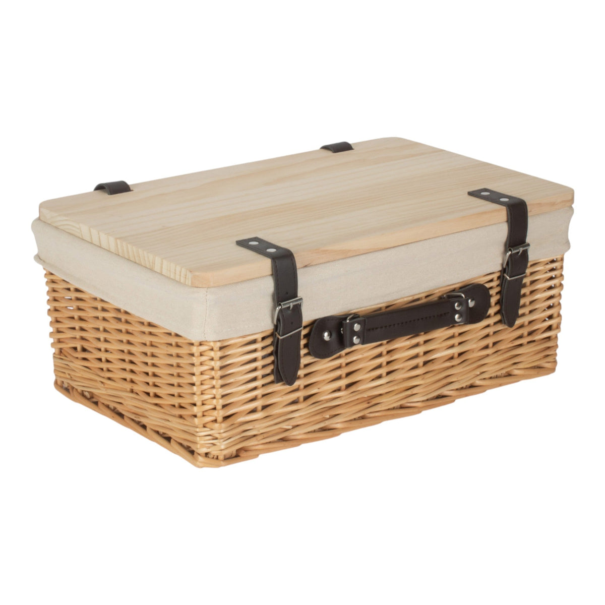Buff White Lined Willow Empty Picnic Basket with Pinewood Lid