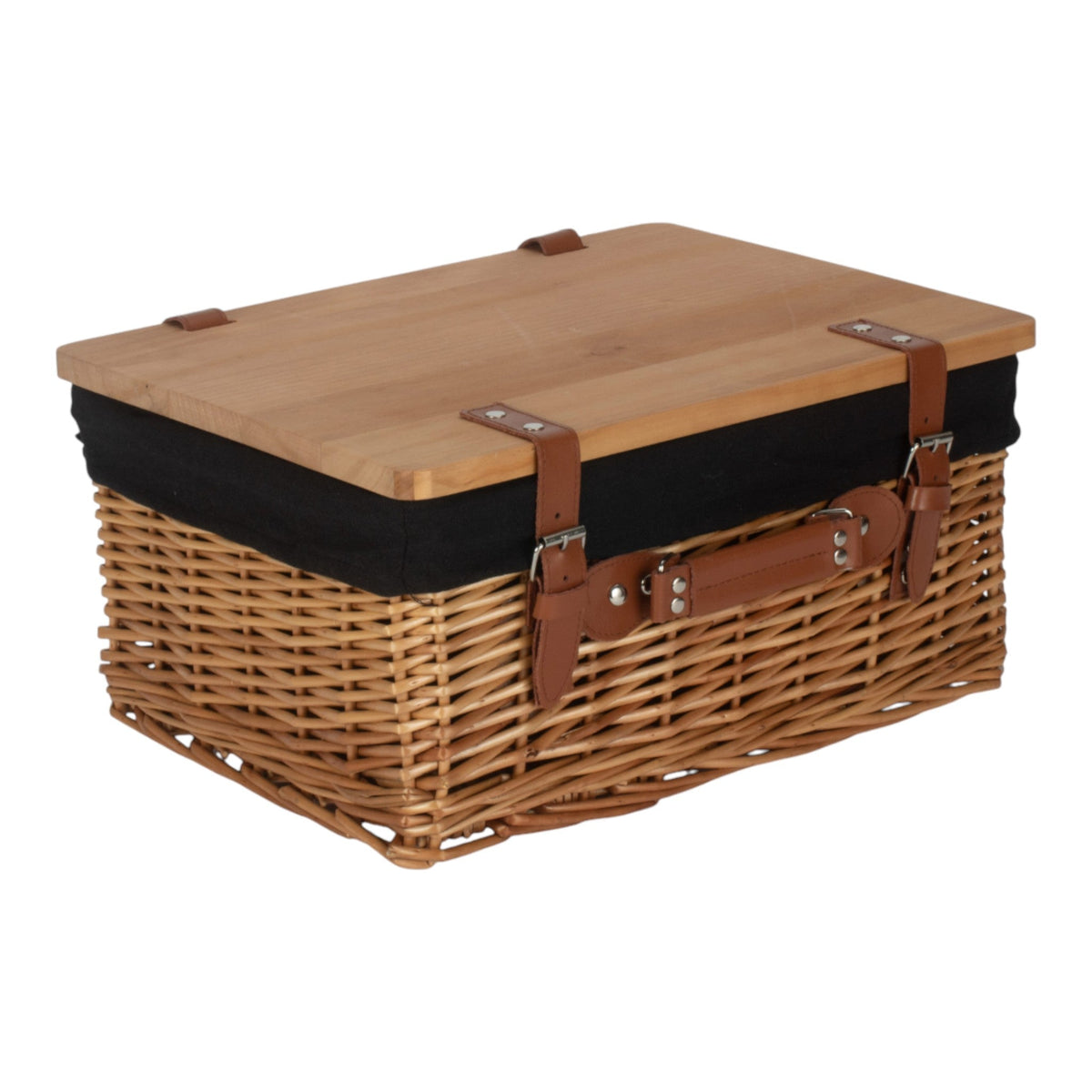 Double Steamed Black Lined Willow Empty Picnic Basket with Pinewood Lid