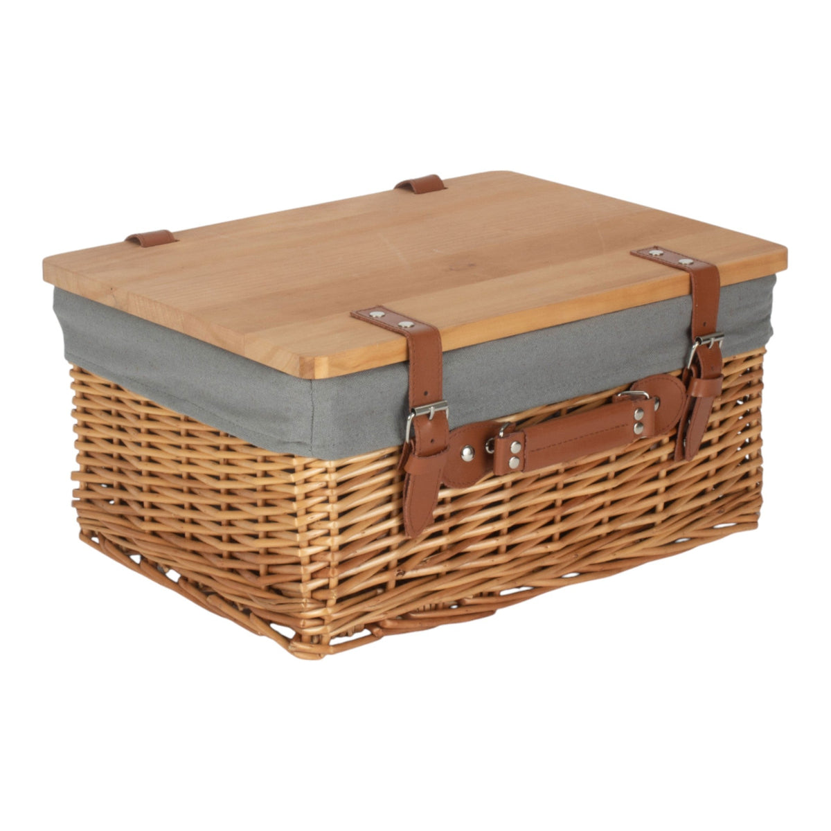 Double Steamed Grey Lined Willow Empty Picnic Basket with Pinewood Lid