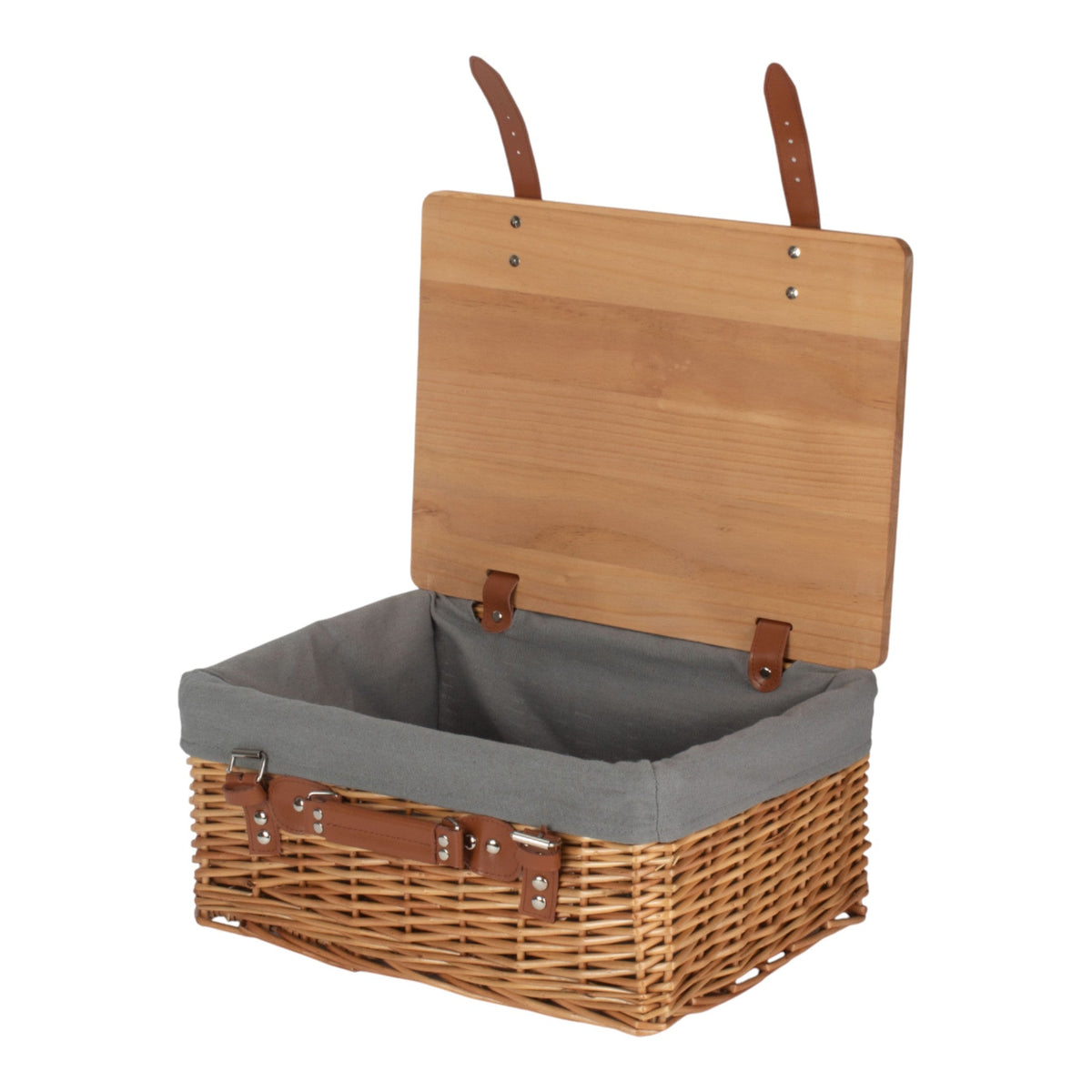 Double Steamed Grey Lined Willow Empty Picnic Basket with Pinewood Lid