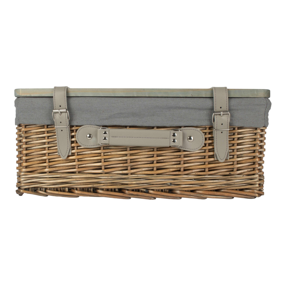 Antique Wash Grey Lined Willow Empty Picnic Basket with Pinewood Lid