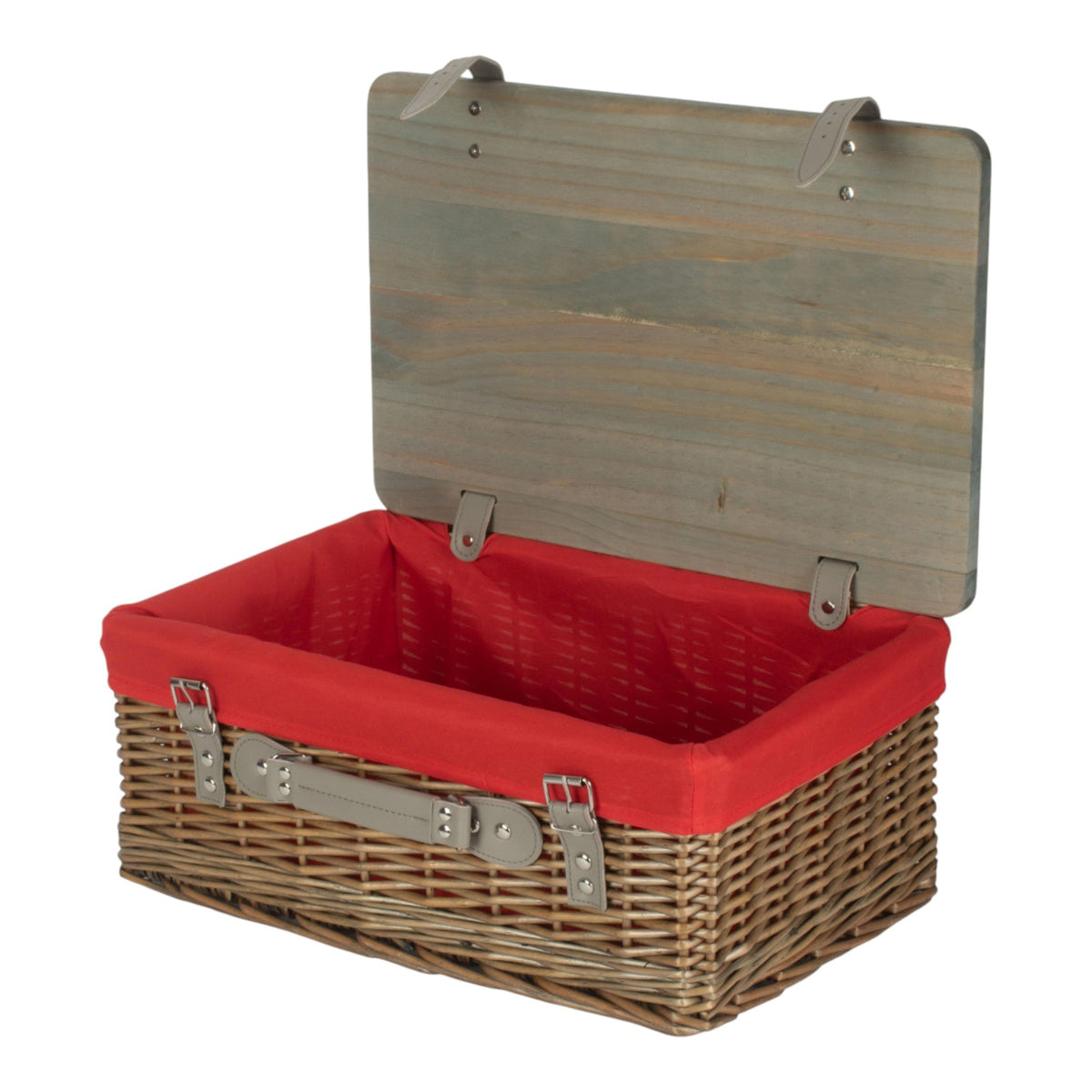Antique Wash Red Lined Willow Empty Picnic Basket with Pinewood Lid