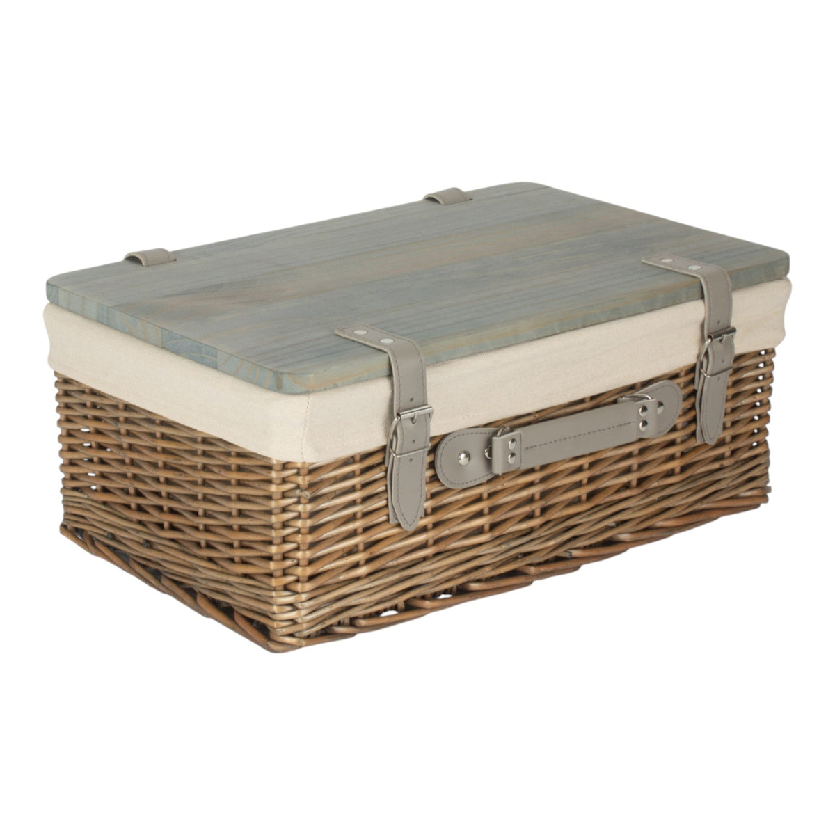 Antique Wash White Lined Willow Empty Picnic Basket with Pinewood Lid