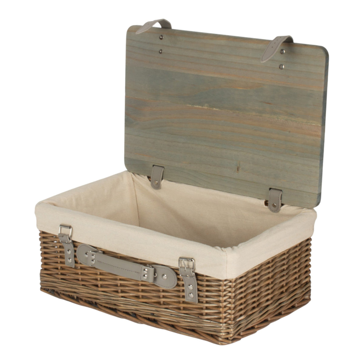 Antique Wash White Lined Willow Empty Picnic Basket with Pinewood Lid
