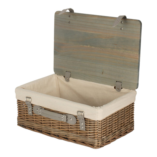 Antique Wash White Lined Willow Empty Picnic Basket with Pinewood Lid