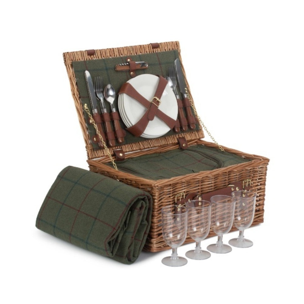 4 Person Green Tweed Classic Fitted Picnic Basket