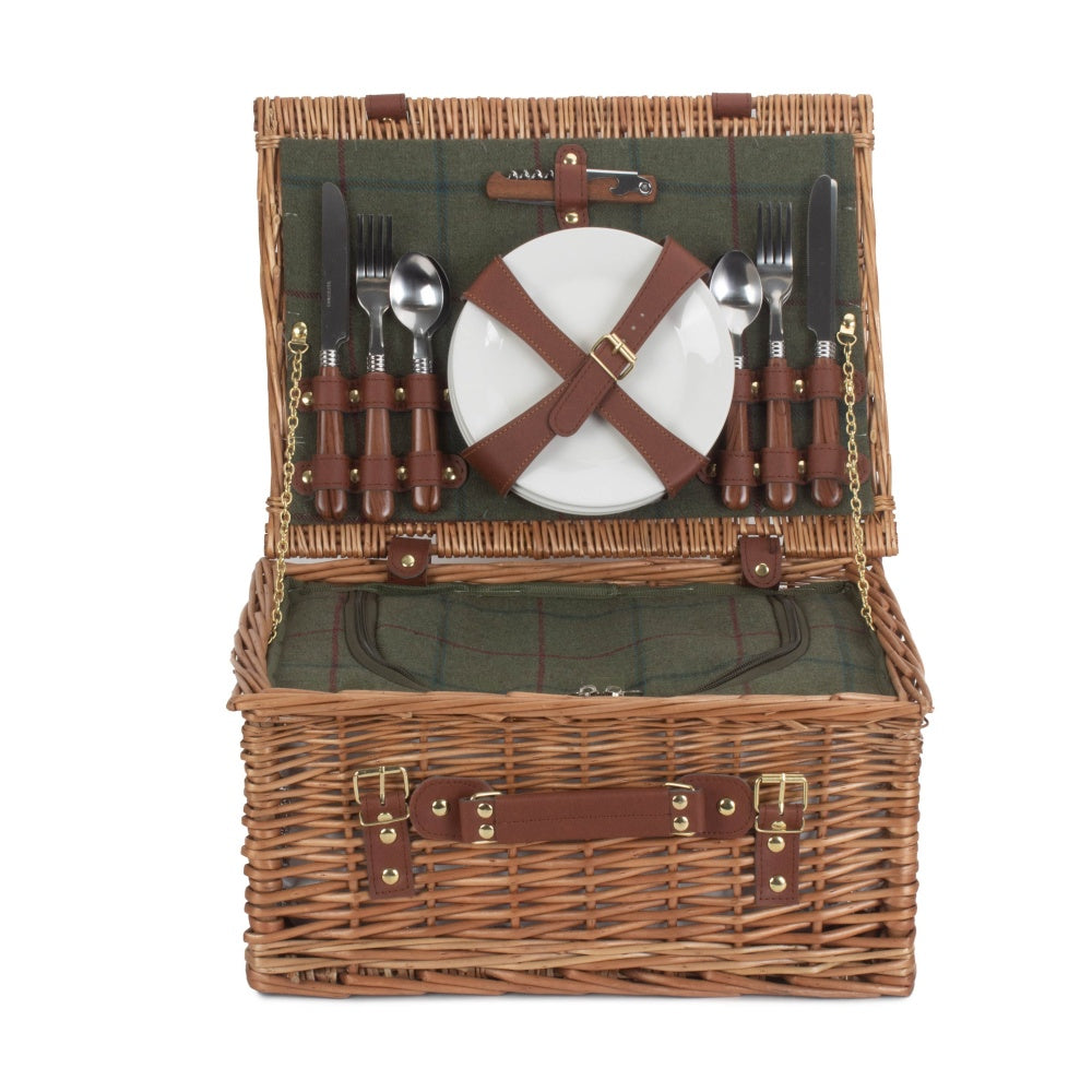 4 Person Green Tweed Classic Fitted Picnic Basket
