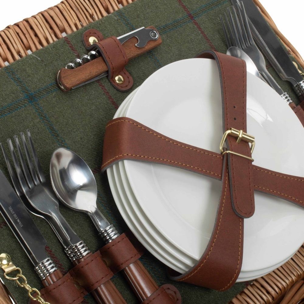 4 Person Green Tweed Classic Fitted Picnic Basket