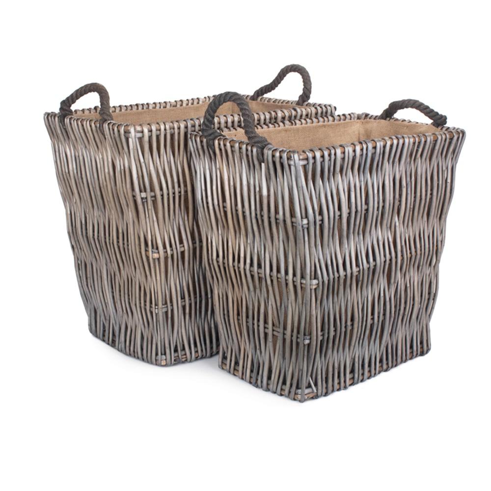 Grey Rectangular Wicker Log Basket