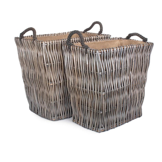 Grey Rectangular Wicker Log Basket