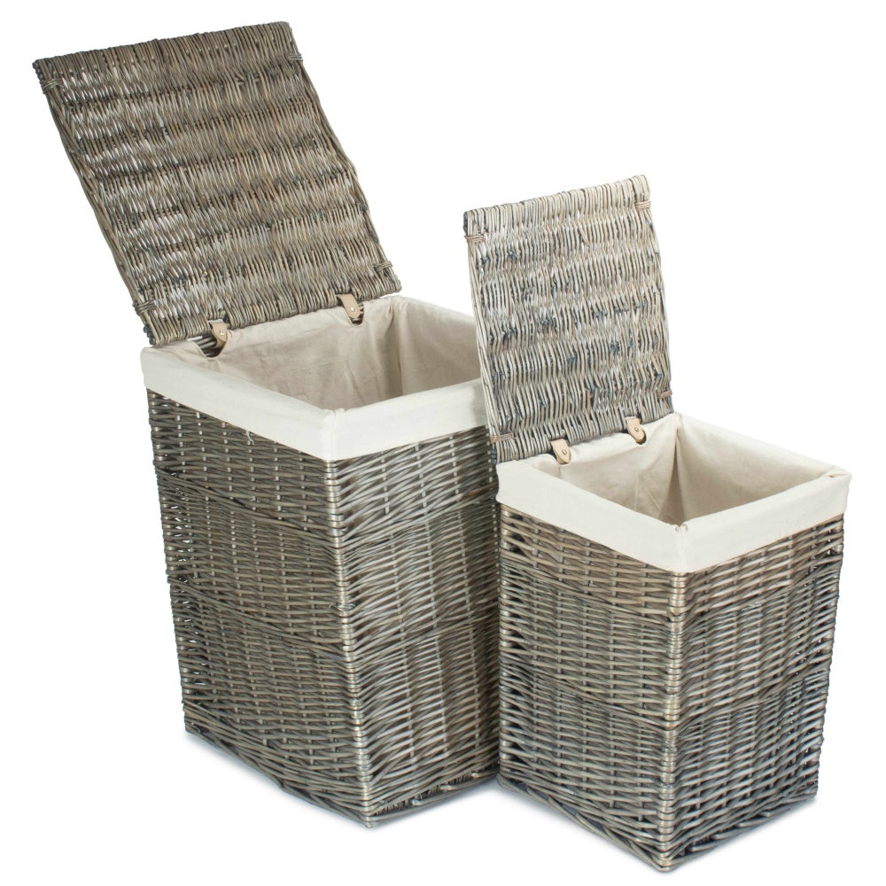 Antique Wash Square White Cotton Lined Laundry Basket