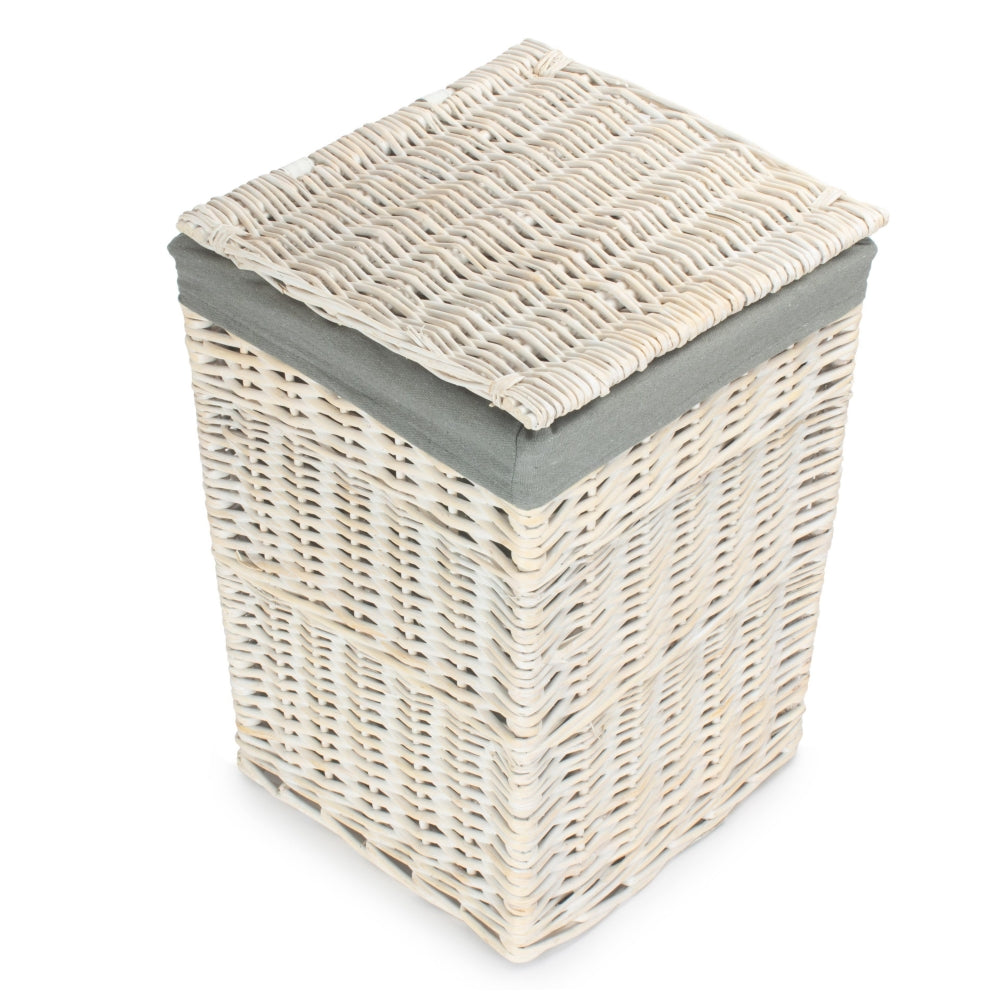 Square White Wash Wicker Laundry Basket with Grey Sage Lining
