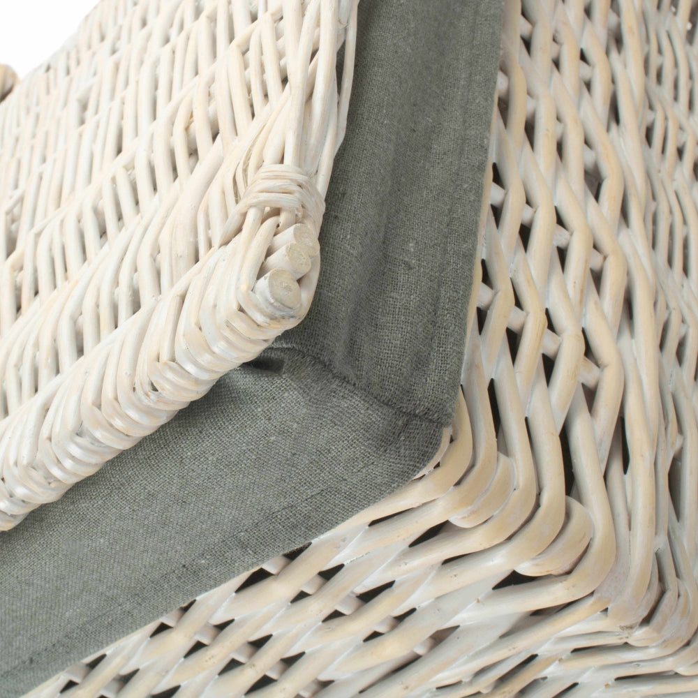 Square White Wash Wicker Laundry Basket with Grey Sage Lining
