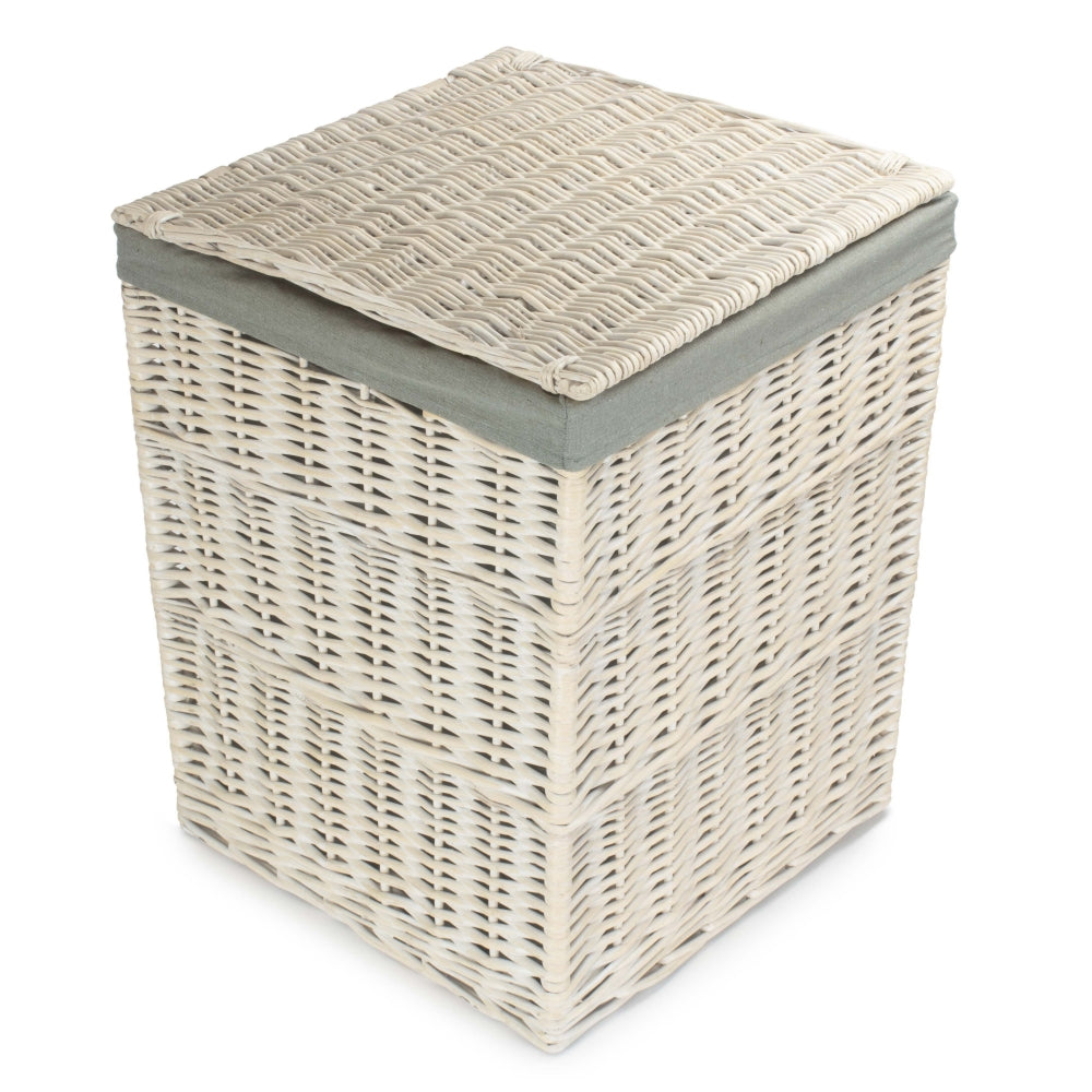 Square White Wash Wicker Laundry Basket with Grey Sage Lining