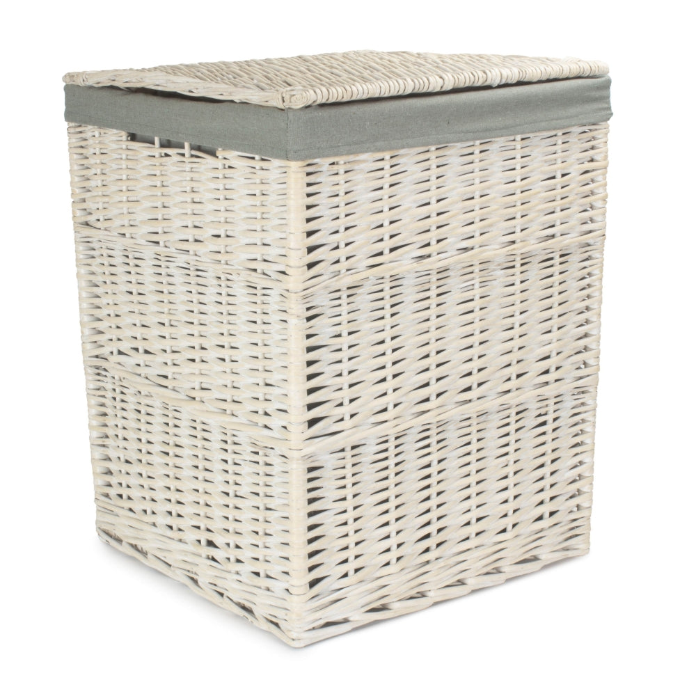 Square White Wash Wicker Laundry Basket with Grey Sage Lining
