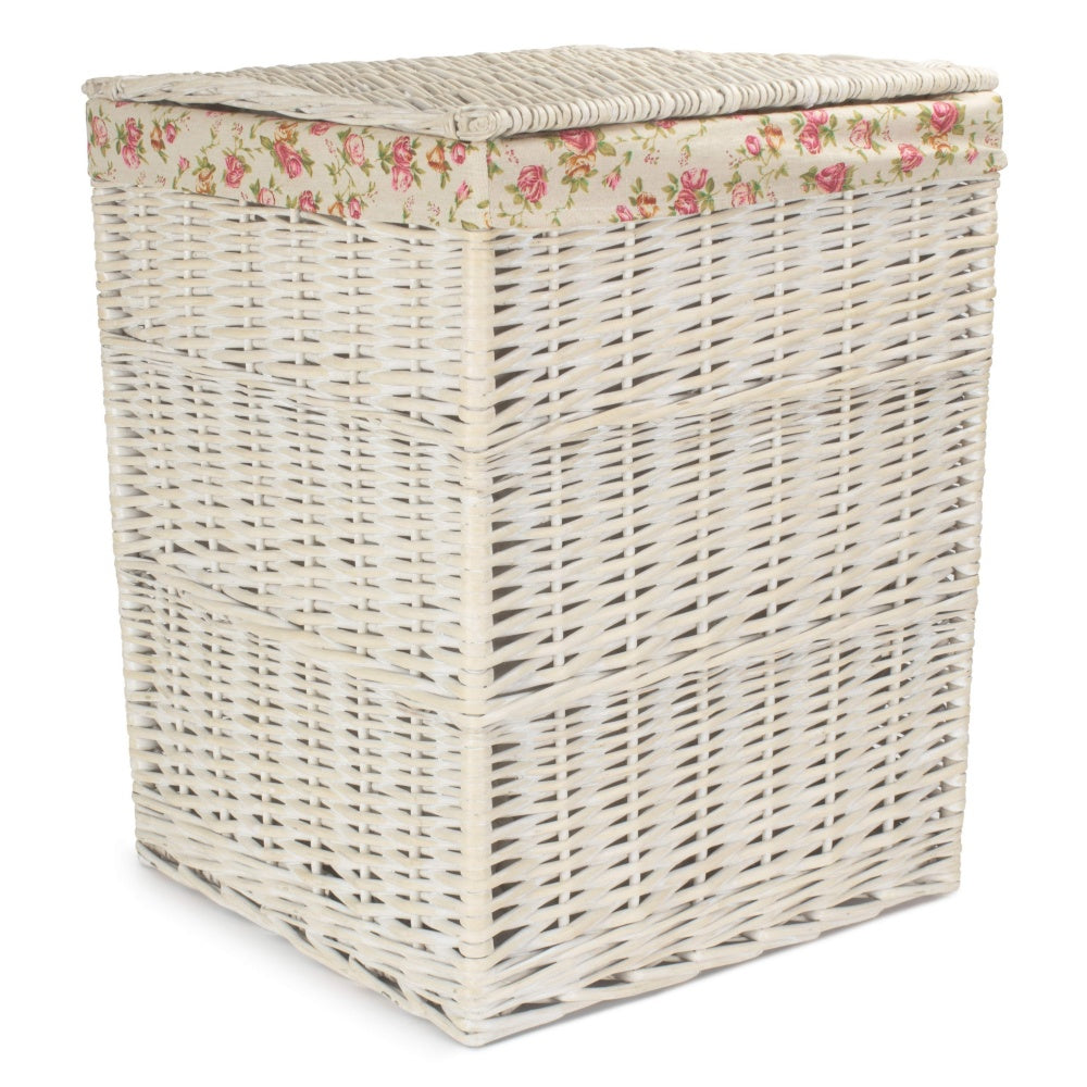 Square White Wash Wicker Laundry Basket Rose Lining