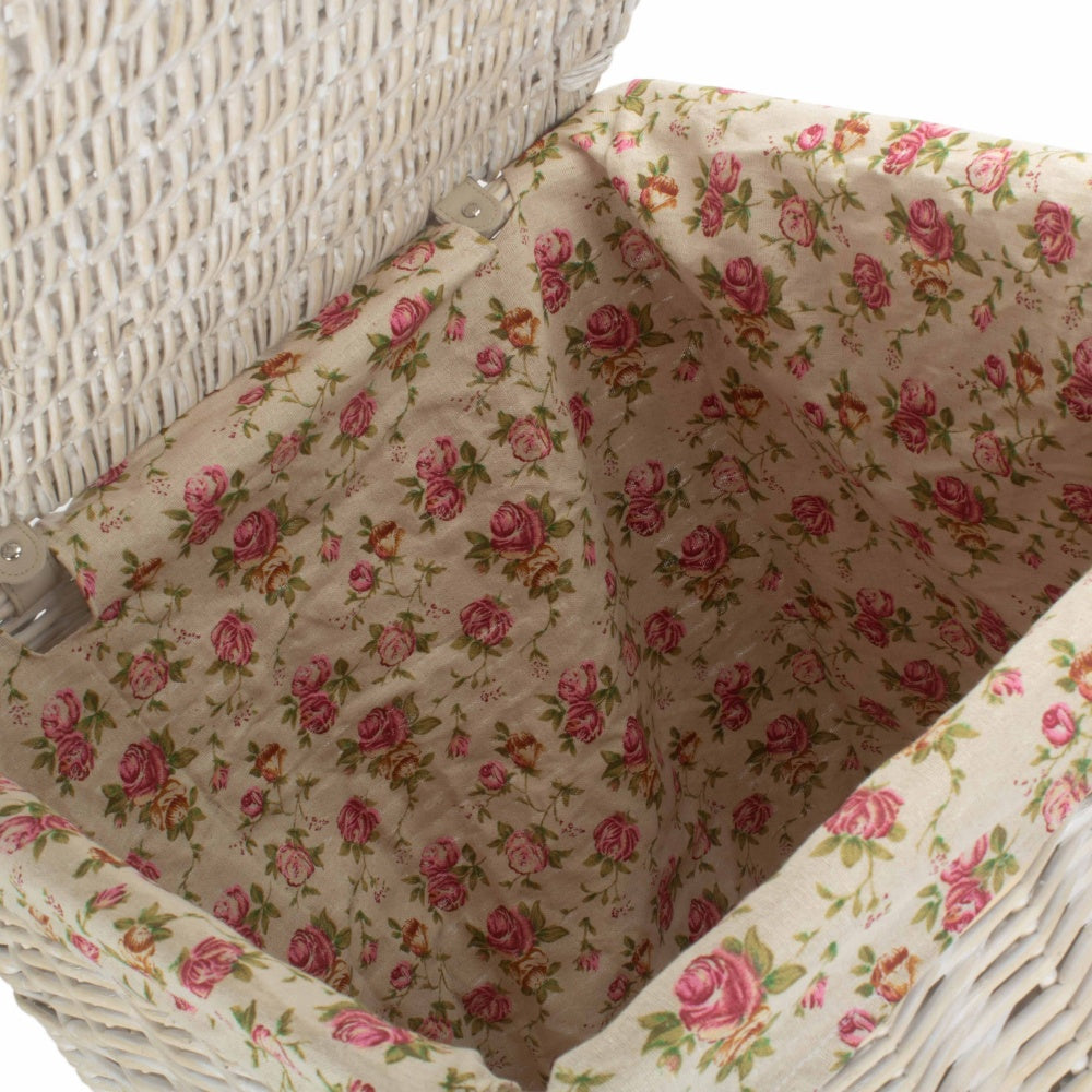 Square White Wash Wicker Laundry Basket Rose Lining
