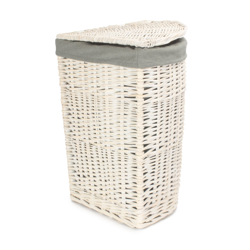Corner White Wash Wicker Laundry Basket with Grey Sage Lining