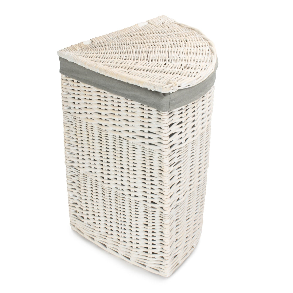 Corner White Wash Wicker Laundry Basket with Grey Sage Lining