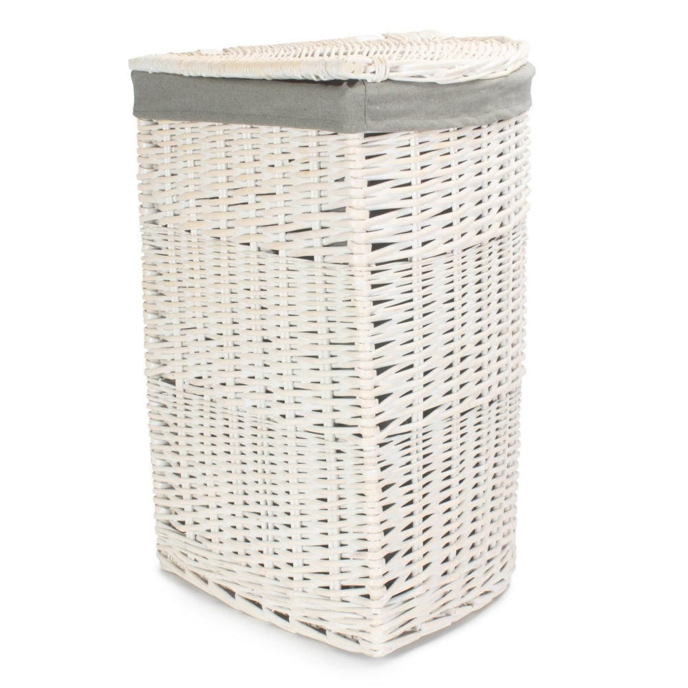 Corner White Wash Wicker Laundry Basket with Grey Sage Lining